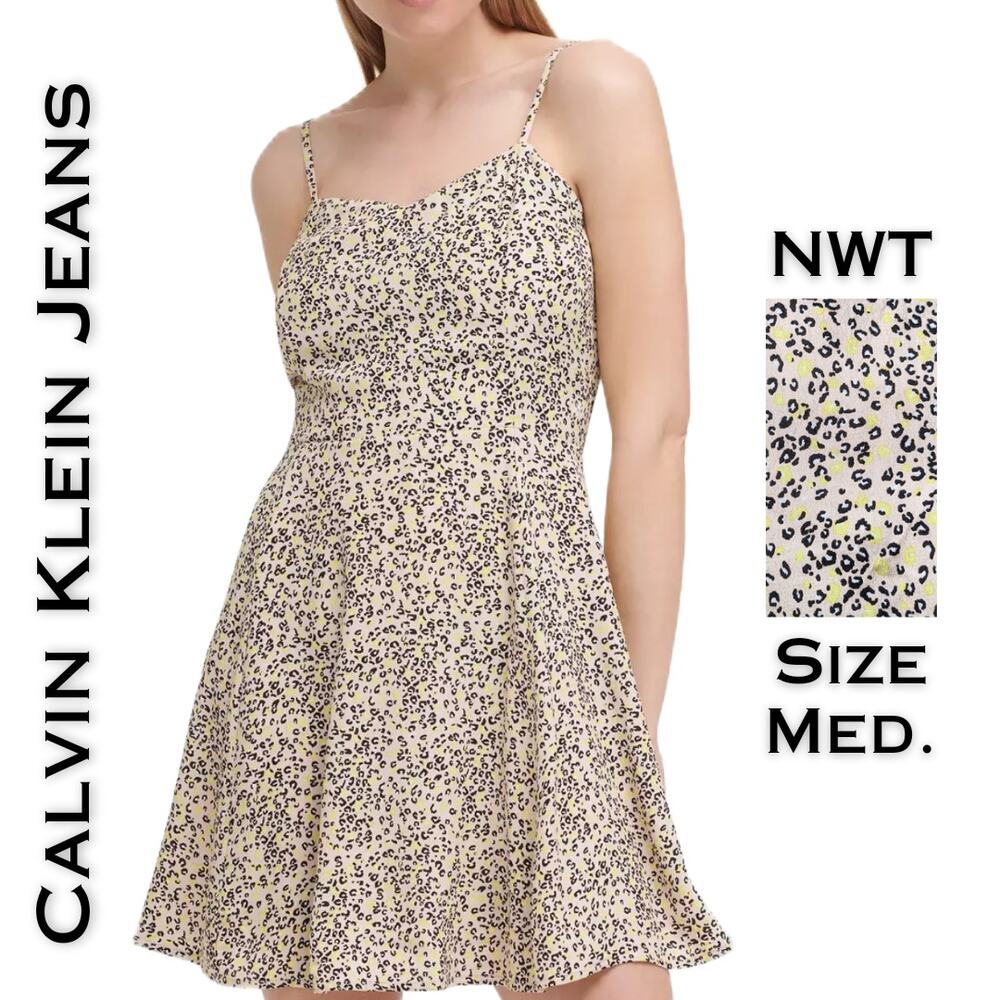 Calvin Klein Skater Minidress Sundress Medium Beige Black Leopard Print NEW